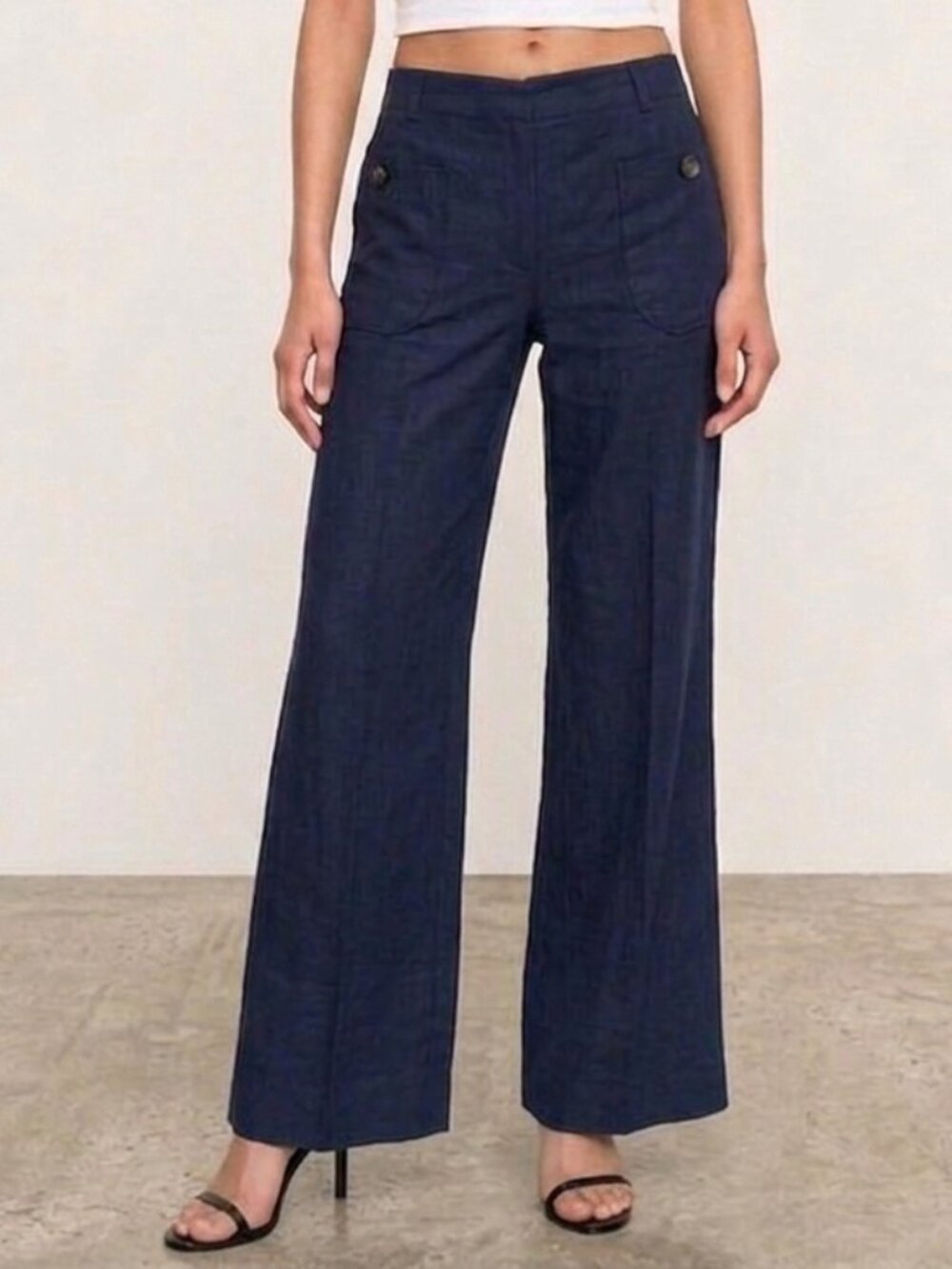 Theory Harper Vintage USA 90s Y2K Navy Linen Wide Leg Low-Rise Trousers Pants 6